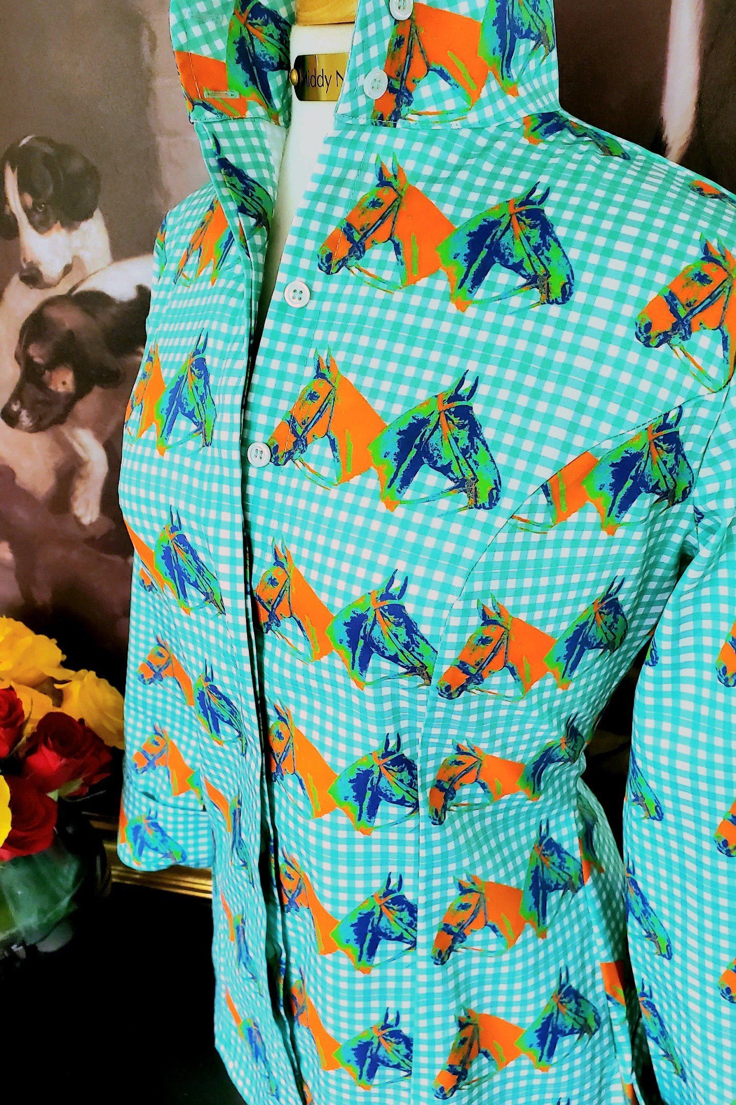 HORSE COUNTRY SHIRT IN TURQUOISE GINGHAM - Middy N' Me