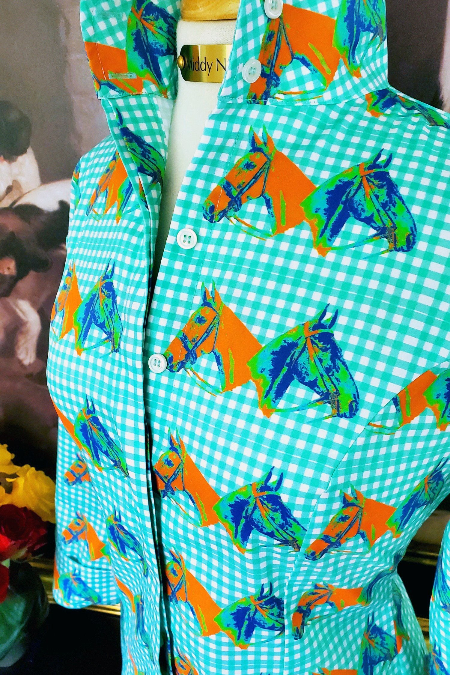 HORSE COUNTRY SHIRT IN TURQUOISE GINGHAM - Middy N' Me